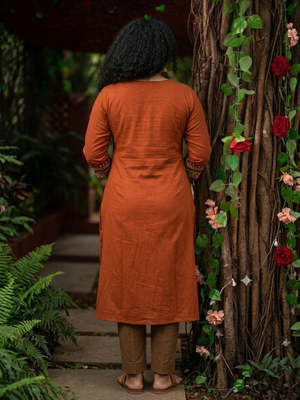 Satin Cotton Straight Cut Round neck Kurta with  3/4 Sleeves, Kalamkari Patches & Lace Details  with Pocket, Rust- KP1101
