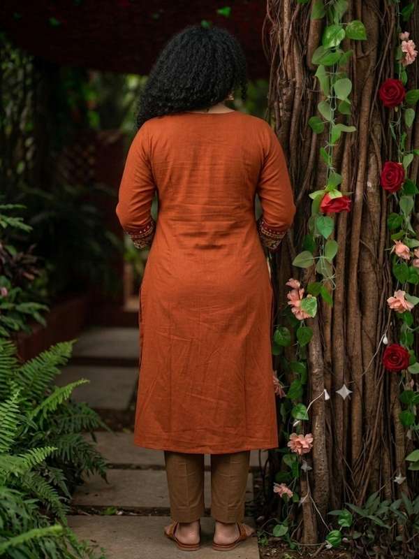 Satin Cotton Straight Cut Round neck Kurta with  3/4 Sleeves, Kalamkari Patches & Lace Details  with Pocket, Rust- KP1101