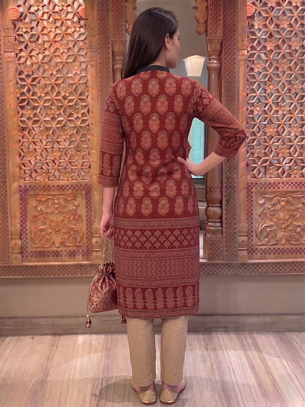 Mashroo Silk V Collar Straight Cut Kurta with Ajrakh Print & 3/4 Sleeves  , Maroon, KS1006