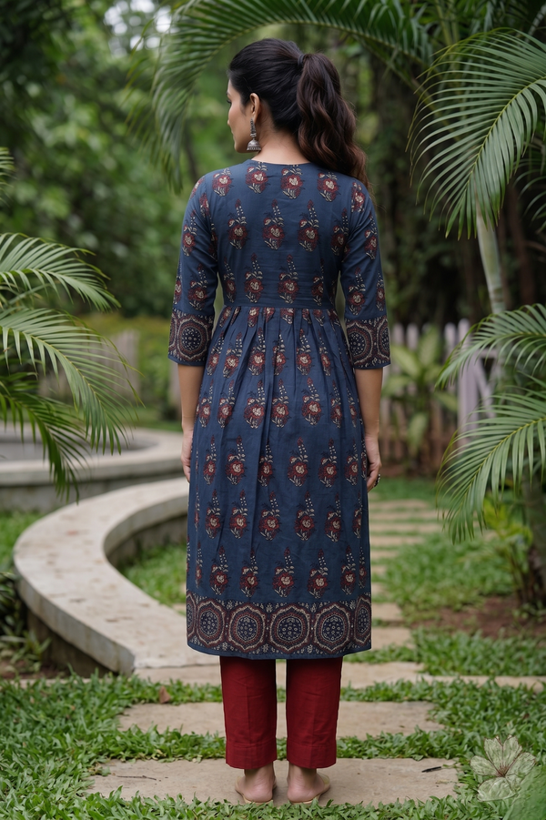 Ajrakh Cotton Sweetheart neck Pleated Kurta with Wooden Button Details & Pocket , Indigo Blue , KA1059