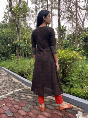 Ajrakh Cotton Round neck Jacket Style A Line Kurta with Mirror Details & Pocket , Black, KA1060