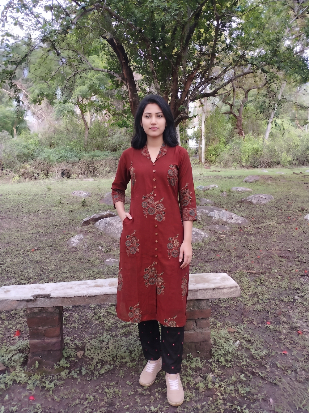 Ajrakh Cotton Straight Cut Kurta with Wooden Button and Collar Details & Pockets , Maroon , KA1068