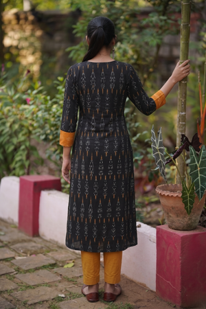 Ikat Cotton A line Kurta with Diamond neck & Mirror Work Lace Details, Black,  KI1021