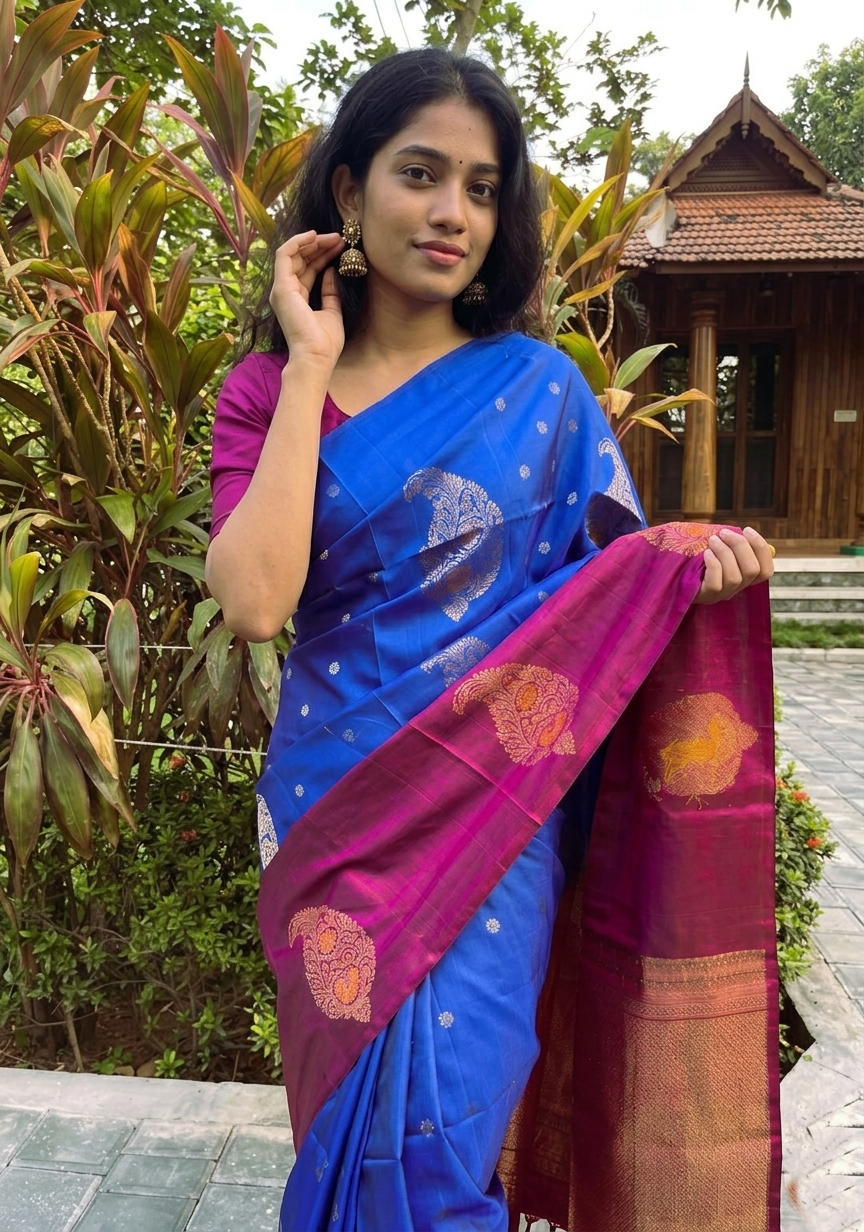Pure Kanchipuram Soft Silk Saree with Minakari Woven Butta, Contrast Border, Heavy Zari Pallu & Plain Rani Pink Blouse Piece, Royal blue - Rani Pink,,   SK1014