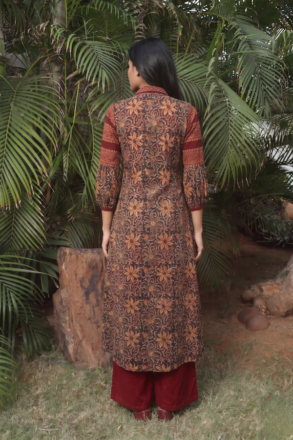 Kalamkari Cotton A line Kurta with Pleated Sleeves, Collar & Wooden Button Details ,Shaded black,  KK1071
