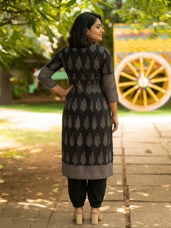 Ajrakh Cotton V Collar Pleated Kurta with Pockets , Black , KA1056