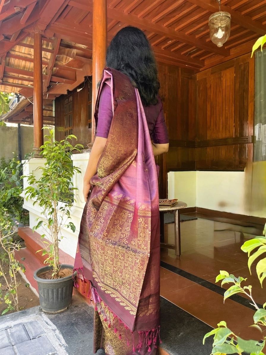 Pure Kanchipuram Soft Silk Saree with Broad Zari Brocade One Side Border, Pure Gold & Silver Zari Butta & Plain Brown Blouse Piece, Lavendar - Brown, SK1019