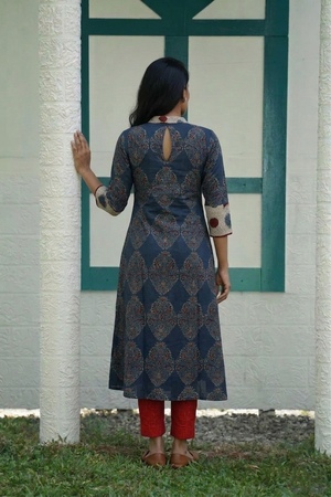 Ajrakh Cotton Close Neck A Line Kurta with Lace and Mirror Details with Pocket, Indigo Blue ,KA1050