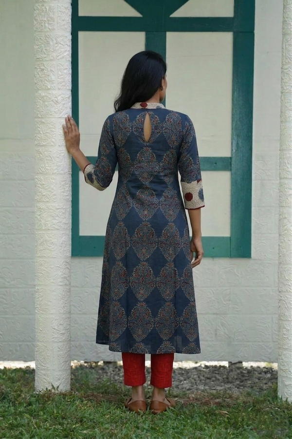 Ajrakh Cotton Close Neck A Line Kurta with Lace and Mirror Details with Pocket, Indigo Blue ,KA1050