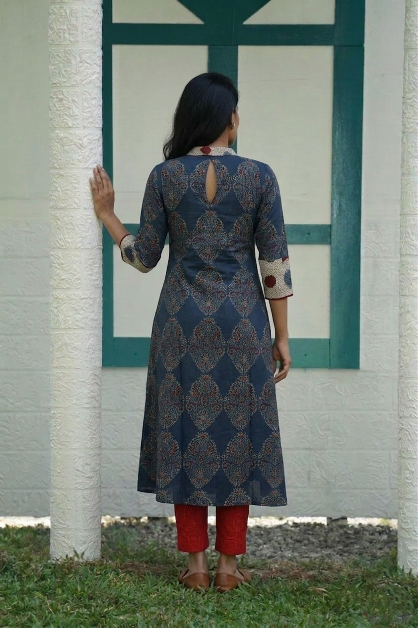 Ajrakh Cotton Close Neck A Line Kurta with Lace and Mirror Details with Pocket, Indigo Blue ,KA1050