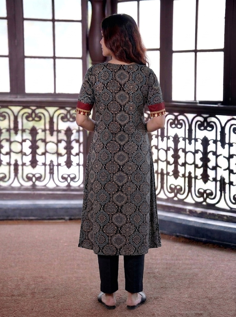 Modal silk Ajrakh kurta, V neck with raw silk patches, half sleeve, A Line, coin lace details, Black,  KS1008