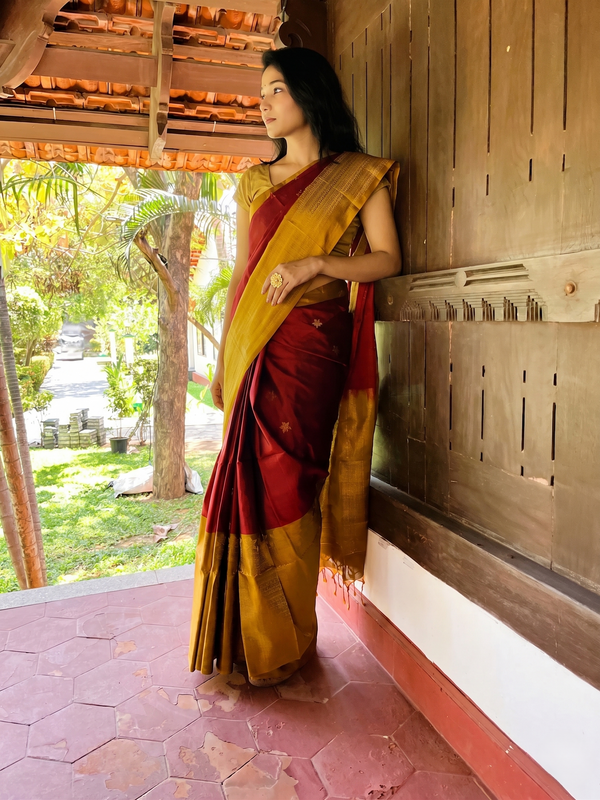 Pure Kanchipuram Soft Silk Saree with Broad Zari Brocade One Side Border, Pure Gold & Silver Zari Butta & Plain Mustard Blouse Piece, Maroon - Mustard, SK1018