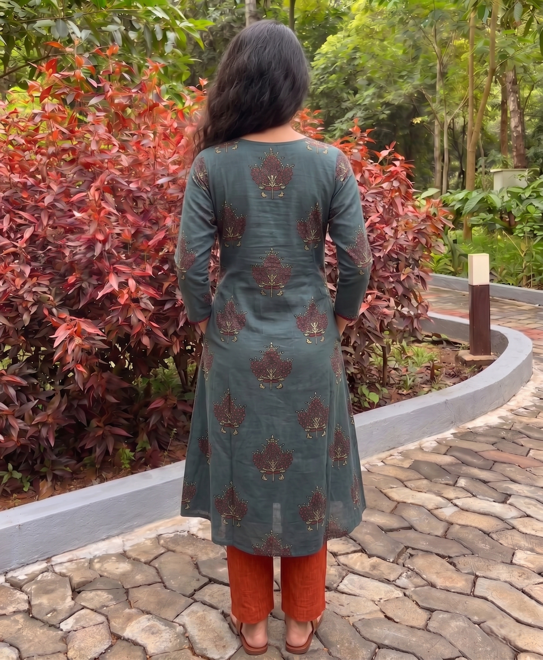 Ajrakh Cotton Y Neck Straight Cut  Kurta with Mirror Work Details & Pockets , Green, KA1049