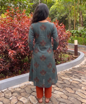 Ajrakh Cotton Y Neck Straight Cut  Kurta with Mirror Work Details & Pockets , Green, KA1049