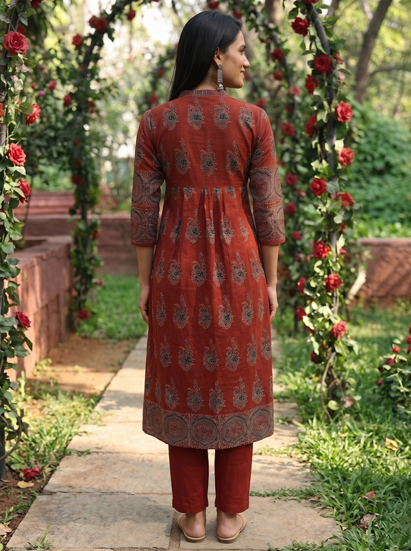 Ajrakh Cotton  V Collar Pleated Kurta with Pocket , Maroon, KA1055