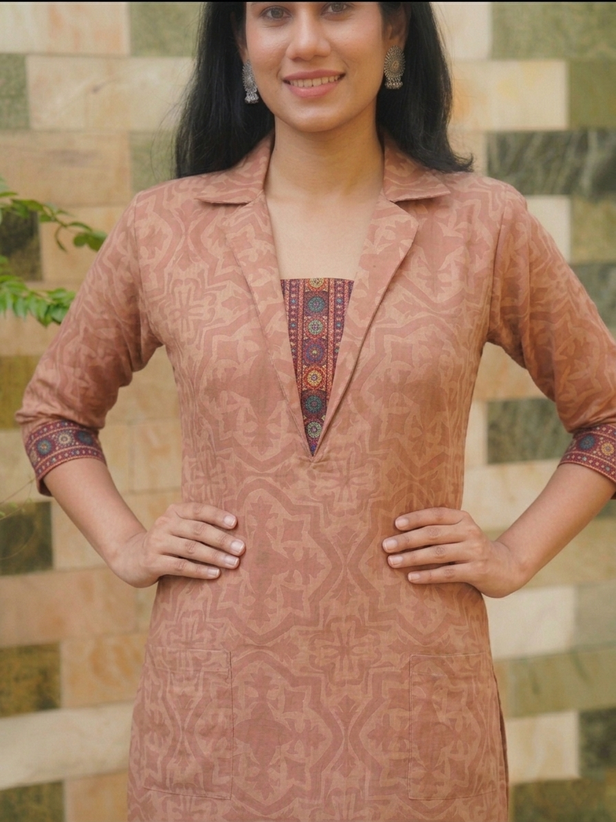 Ajrakh Printed Modal Silk Straight Cut Kurta with Coat Collar, Lace detailing  & Pockets, Peach, KS1016