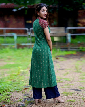 Ikat Cotton Paneled A line Kurta with Shirt Collar, Mega Sleeves & Kalamkari Patches,   Green,  KI1032