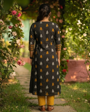 Ikat Cotton Kurta with Triangular Neck & Wooden Button Details, Black, KI1018