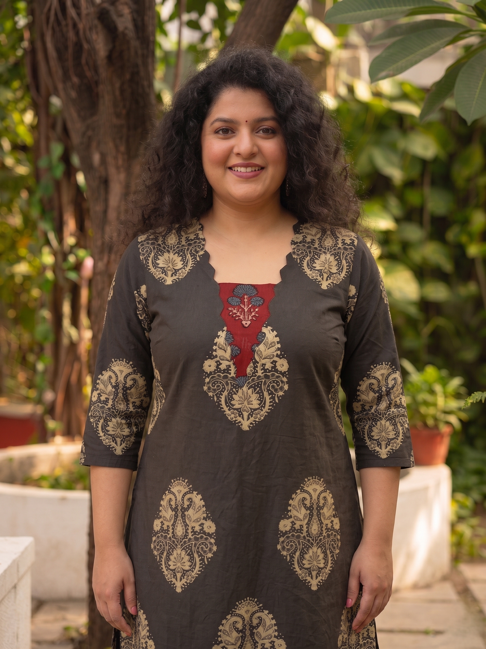 Ajrakh Cotton Scallop V neck A Line Kurta with 3/4 Sleeves and Pocket, Mehandi green ,KA1045