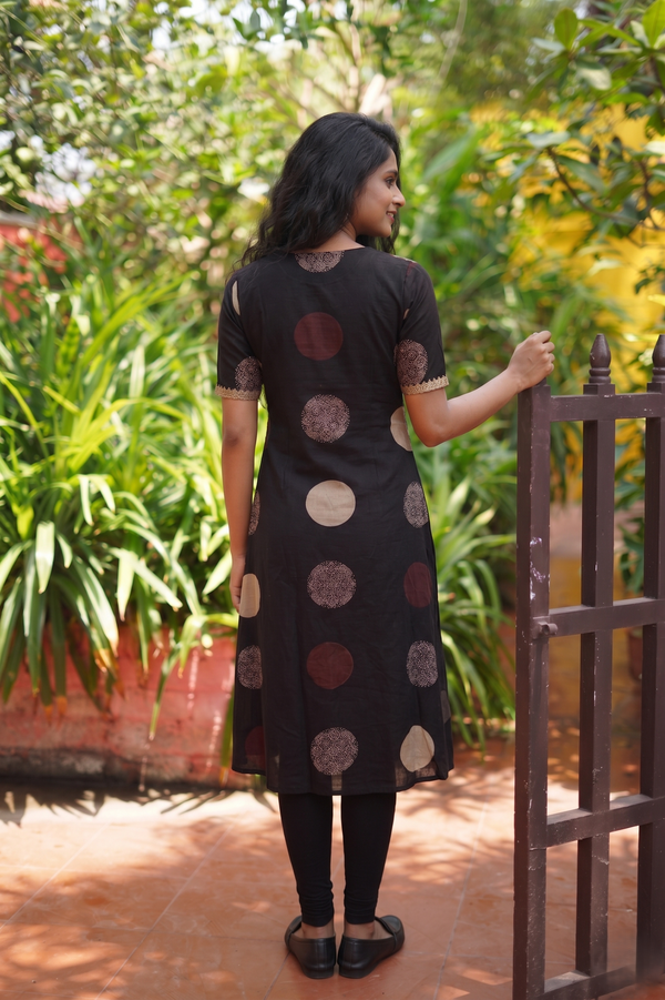 Ajrakh Cotton A Line Round Neck Kurta  with Half Sleeves, Lace and Button Details with Pocket  , Black ,KA1046
