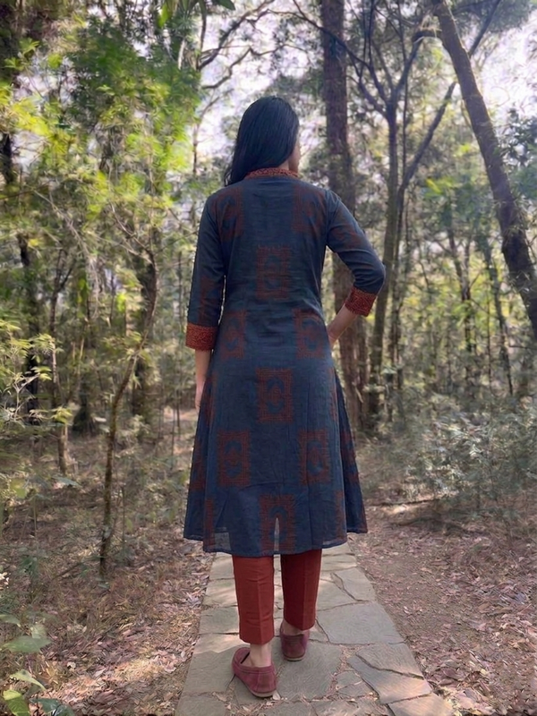 Ajrakh Cotton A Line Kurta with Mandarin Collar and Border Details & Pocket , Indigo Blue, KA1061