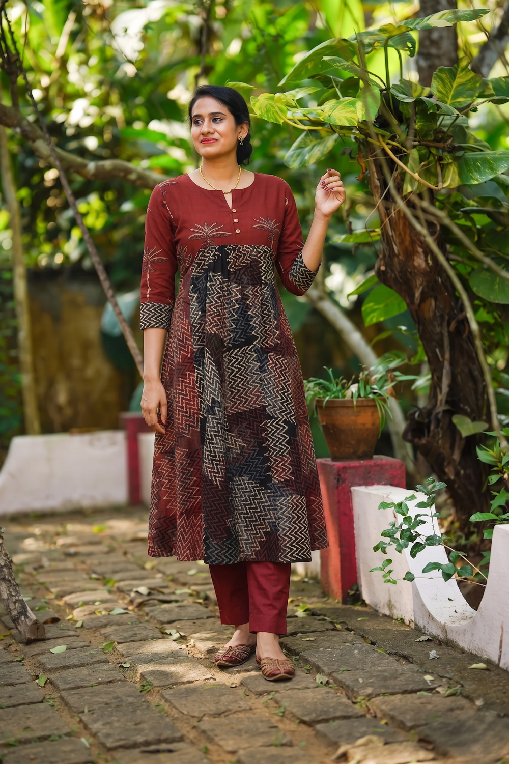 Ajrakh  Cotton , Pleated Kurta with Pocket ,Maroon-Black  KA1043