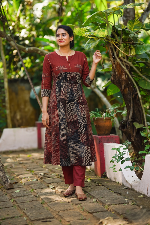 Ajrakh  Cotton , Pleated Kurta with Pocket ,Maroon-Black  KA1043