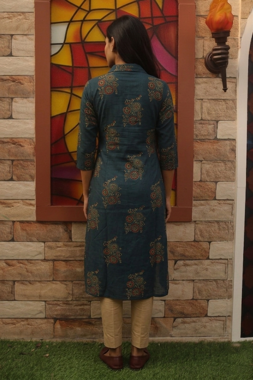 Ajrakh Cotton  Straight Cut  Kurta with Shirt Collar & Wooden Button Details and  Pocket, Green, KA1062