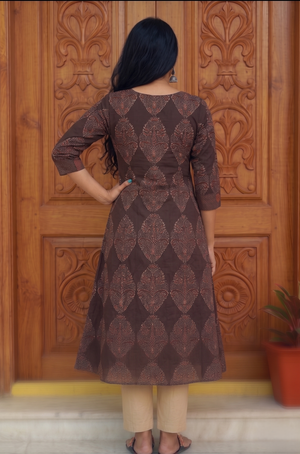 Ajrakh Cotton Triangle Neck A Line Kurta with Wooden Button Details with Pocket , Brown, KA1052