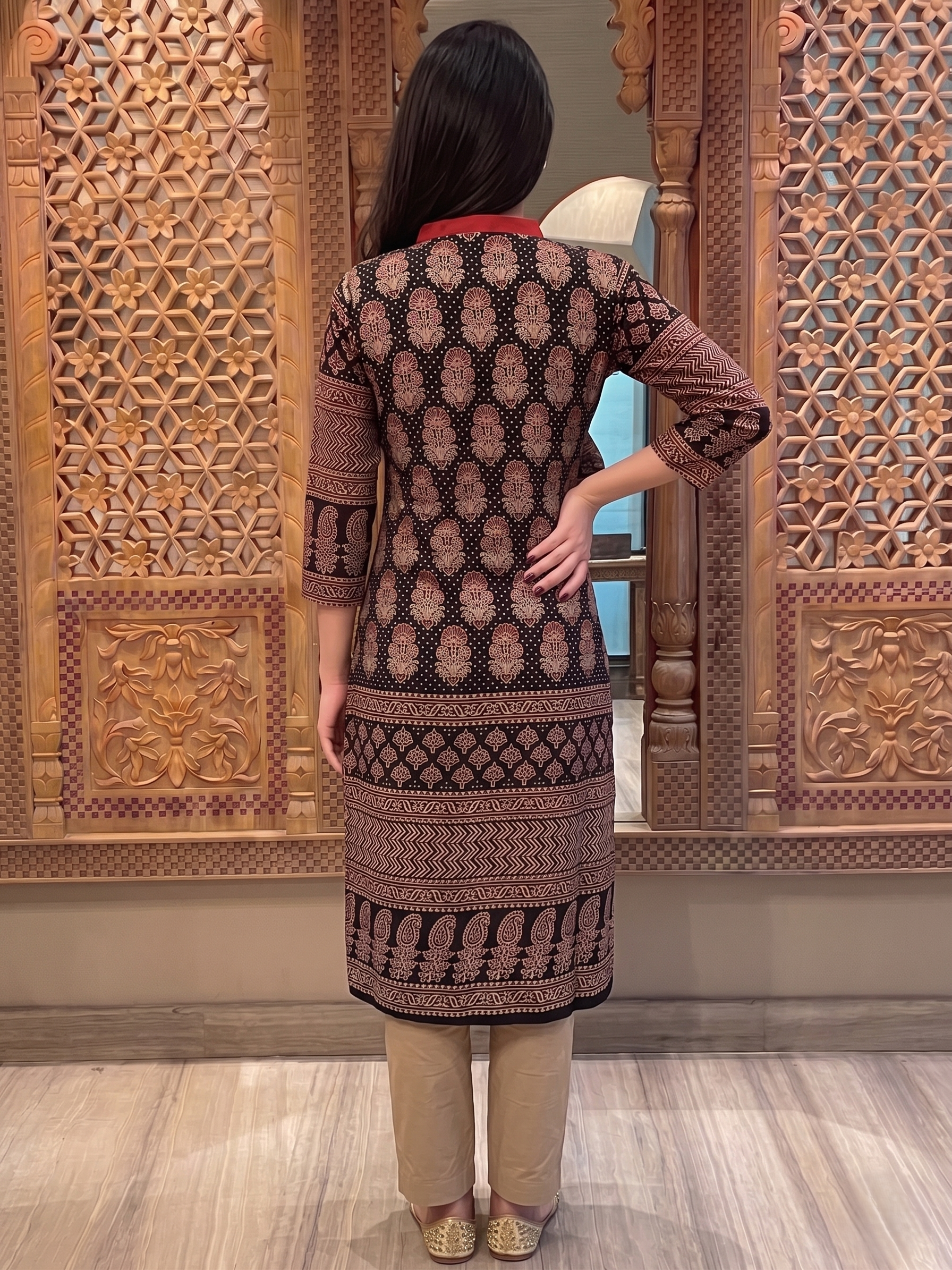 Mashroo Silk V Collar Straight Cut Kurta with Ajrakh Print & 3/4 Sleeves  , Black, KS1007
