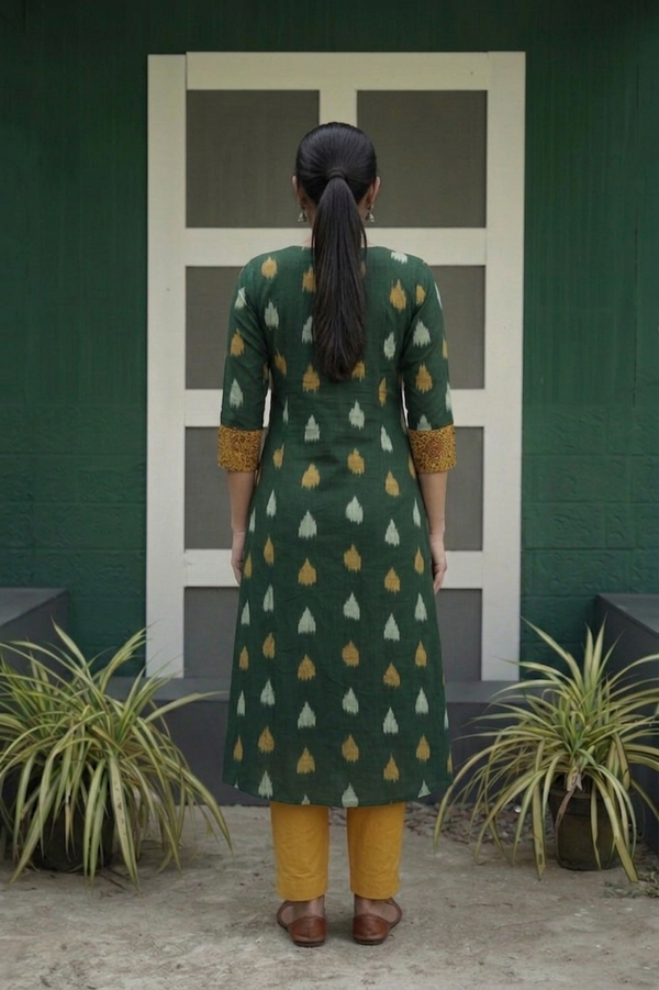 Ikat  Cotton  Sweetheart neck Kurta with Ajrakh Patches, Bottle Green, KI1015