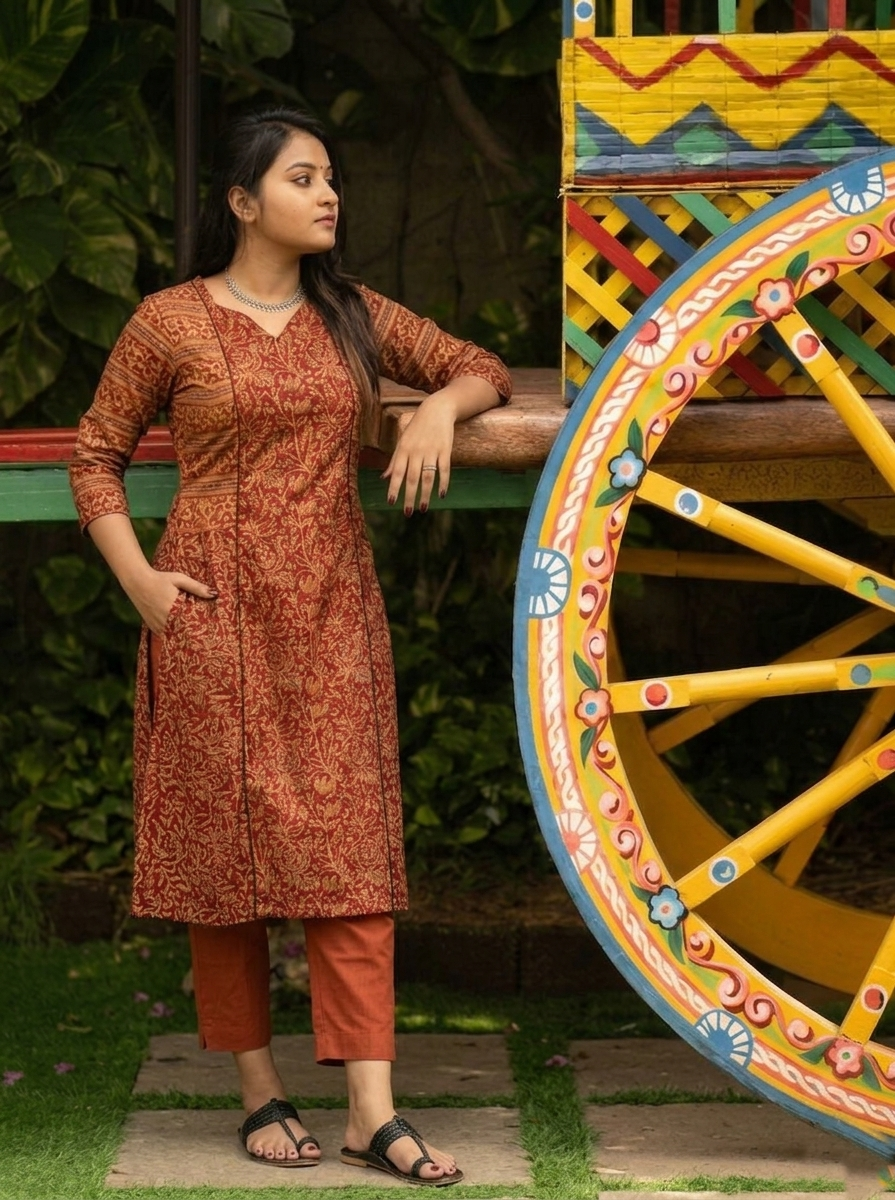 Kalamkari Cotton Paneled kurta, Sweetheart neck with ¾  Sleeves with Pocket, Maroon ,KK1092