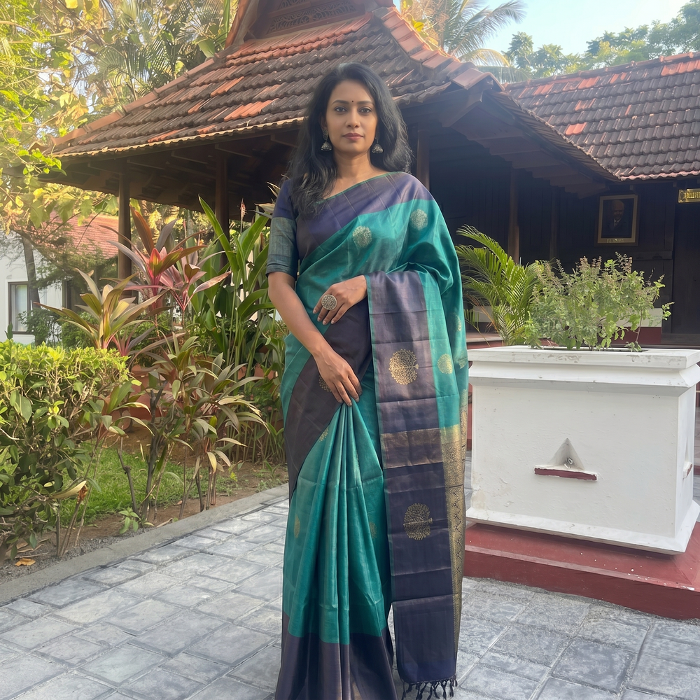 Pure Kanchipuram Soft Silk Saree with Pure Golden Butta, Contrast Border & Plain Grey Blouse Piece, Teal Green - Dark Grey,   SK1006