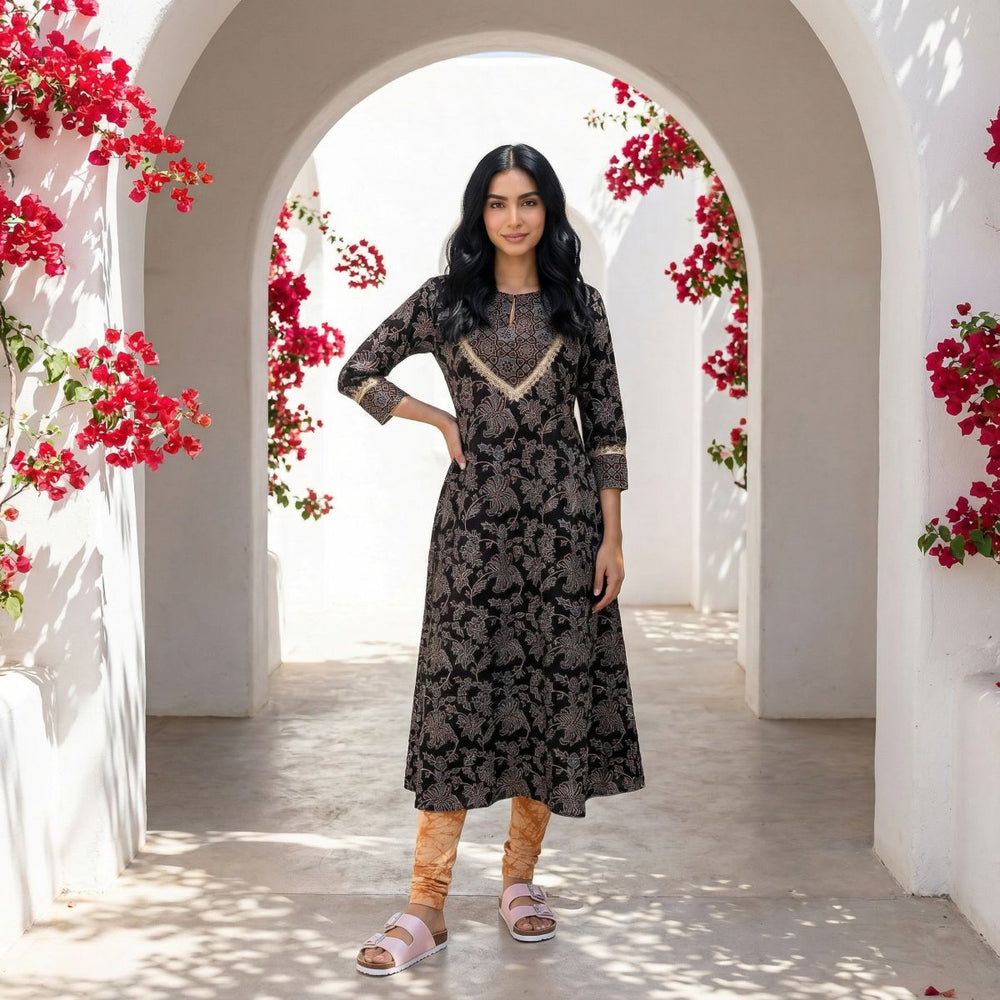 Ajrakh Cotton A Line Close neck Kurta with 3/4 Sleeves  & Lace details , Black ,KA1047