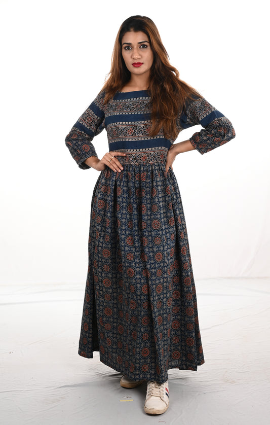 Pleated Ajrakh Cotton Boatneck Maxi Kurta,  Indigo blue,  KA1021