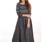 Pleated Ajrakh Cotton Boatneck Maxi Kurta,  Indigo blue,  KA1021