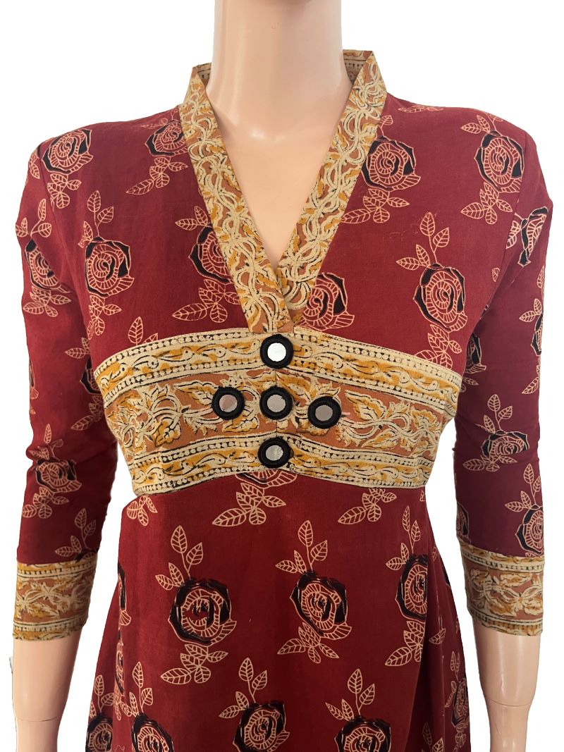 Ajrakh Cotton Collar neck Gathered Kurta with 3/4 sleeves , Maroon,  KA1022