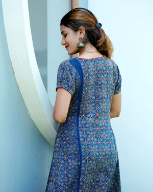 Ajrakh Cotton Boat neck Paneled Kurta with Puff Sleeves , Indigo Blue , KA1024