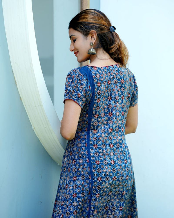 Ajrakh Cotton Boat neck Paneled Kurta with Puff Sleeves , Indigo Blue , KA1024