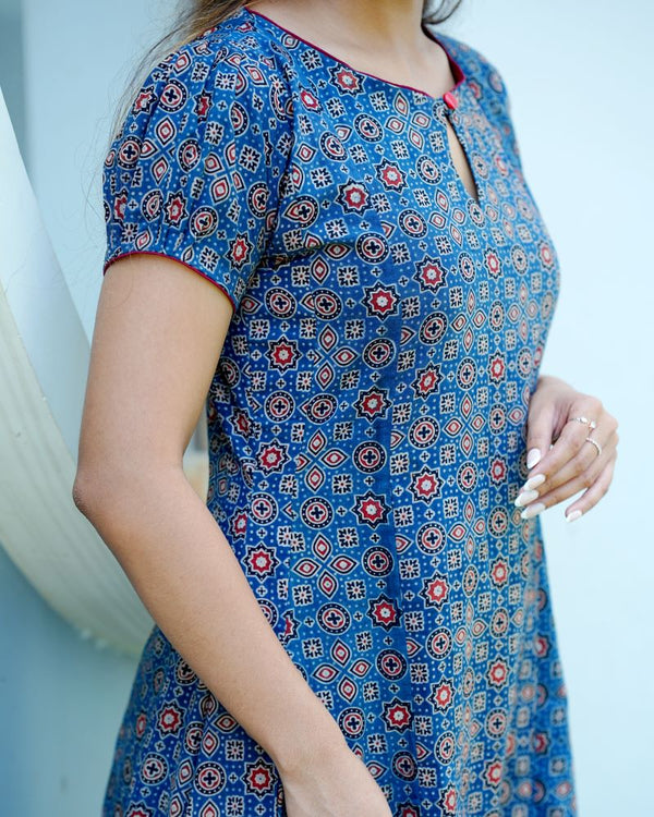 Ajrakh Cotton Boat neck Paneled Kurta with Puff Sleeves , Indigo Blue , KA1024