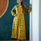 Ajrakh Cotton Collar neck A-Line Kurta with Gathered Sleeves & Wooden Button Details , Mustard- Yellow , KA1025