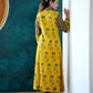 Ajrakh Cotton Collar neck A-Line Kurta with Gathered Sleeves & Wooden Button Details , Mustard- Yellow , KA1025
