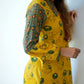 Ajrakh Cotton Collar neck A-Line Kurta with Gathered Sleeves & Wooden Button Details , Mustard- Yellow , KA1025