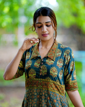 Ajrakh Cotton Collar neck Paneled Kurta with Half sleeves & Wooden Button Details , Bottle Green , KA1026