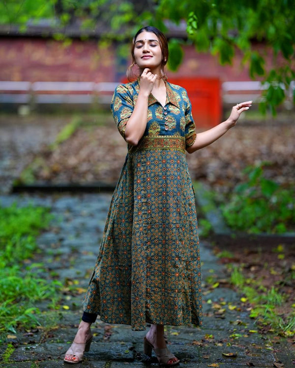 Ajrakh Cotton Collar neck Paneled Kurta with Half sleeves & Wooden Button Details , Bottle Green , KA1026