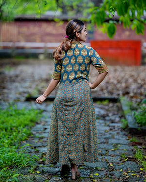 Ajrakh Cotton Collar neck Paneled Kurta with Half sleeves & Wooden Button Details , Bottle Green , KA1026