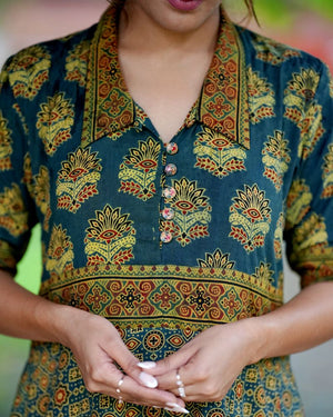 Ajrakh Cotton Collar neck Paneled Kurta with Half sleeves & Wooden Button Details , Bottle Green , KA1026