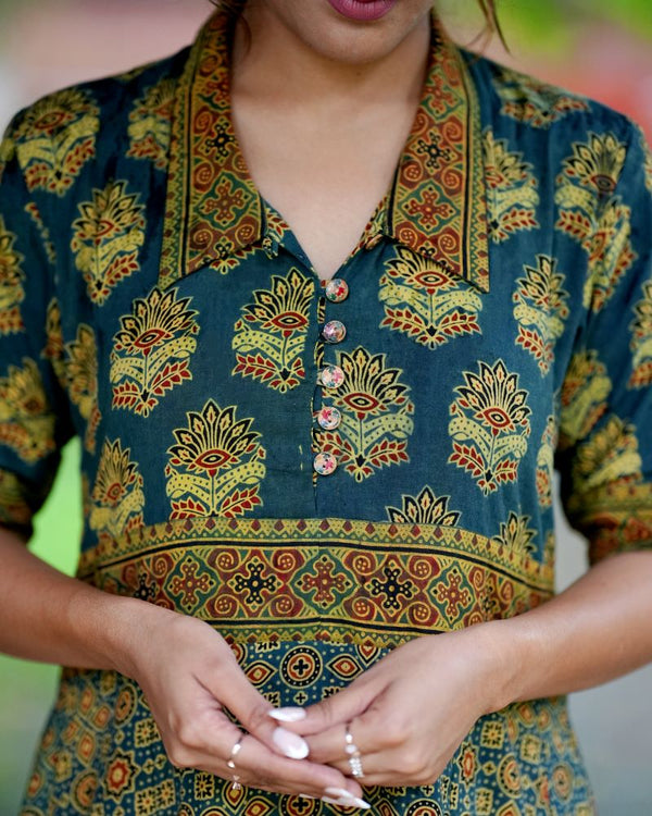 Ajrakh Cotton Collar neck Paneled Kurta with Half sleeves & Wooden Button Details , Bottle Green , KA1026