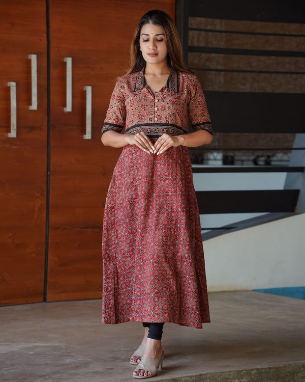 Ajrakh Cotton Collar neck Paneled Kurta with Half sleeves & Wooden Button Details ,Maroon- Mauve, KA1027