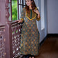 Ajrakh Cotton Y neck Straight cut Kurta with 3/4 Sleeves , Bottle Green, KA1028